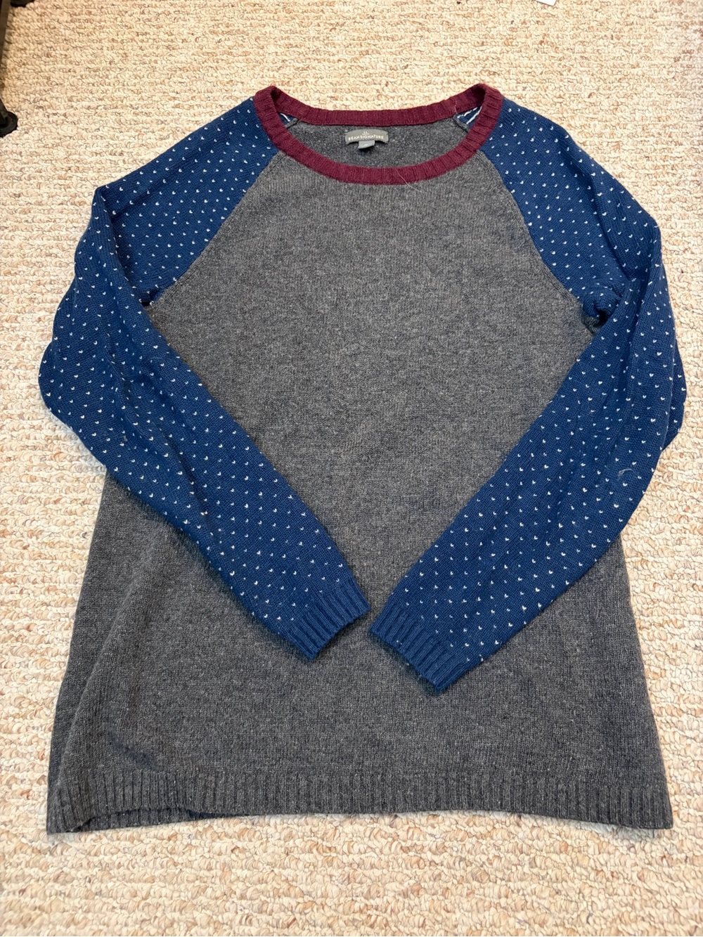 L.L. Bean Gray Crewneck Sweater with Blue Patterned Sleeves and Burgundy Neck